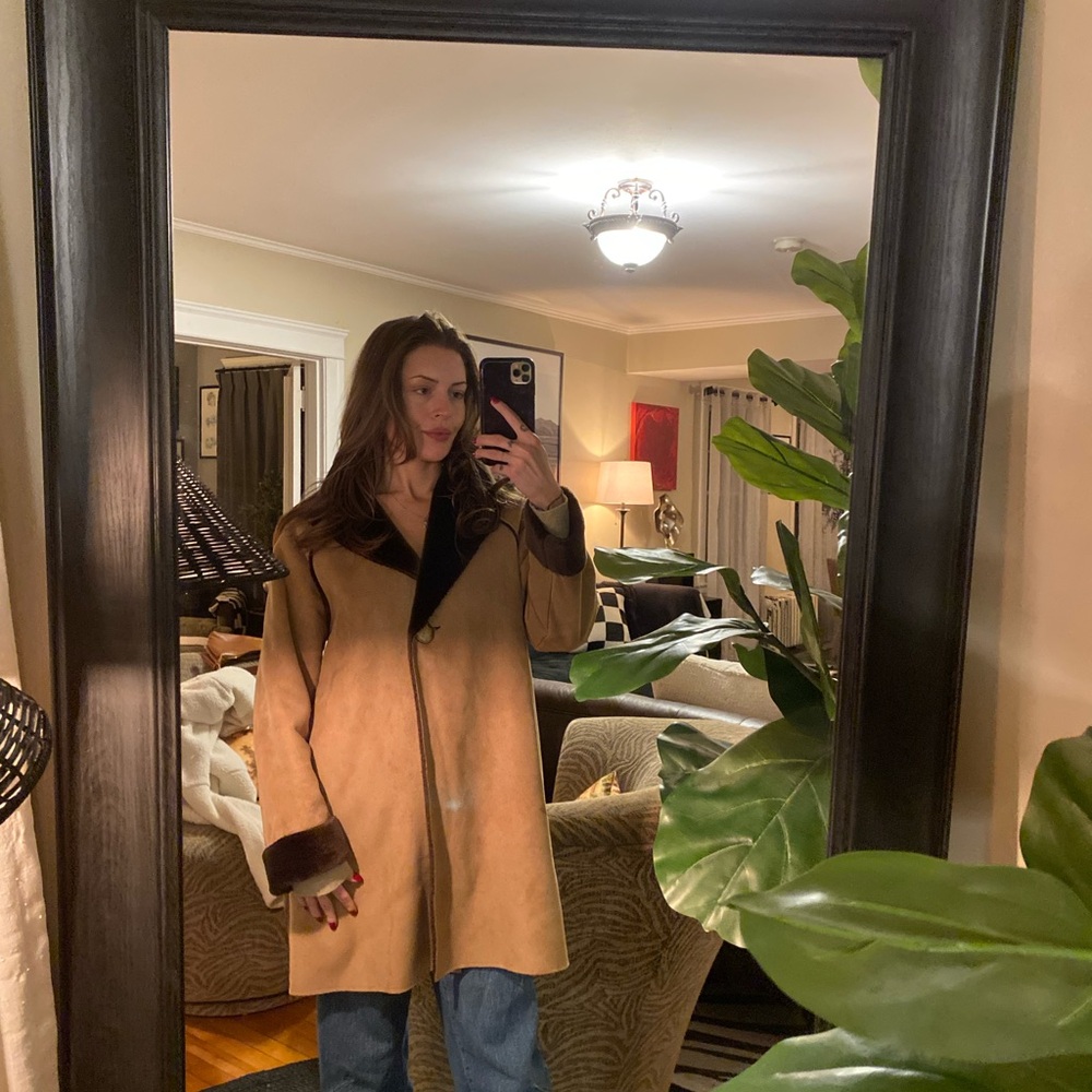 Tan Suede Women's Coat with Black Fur Collar and lining